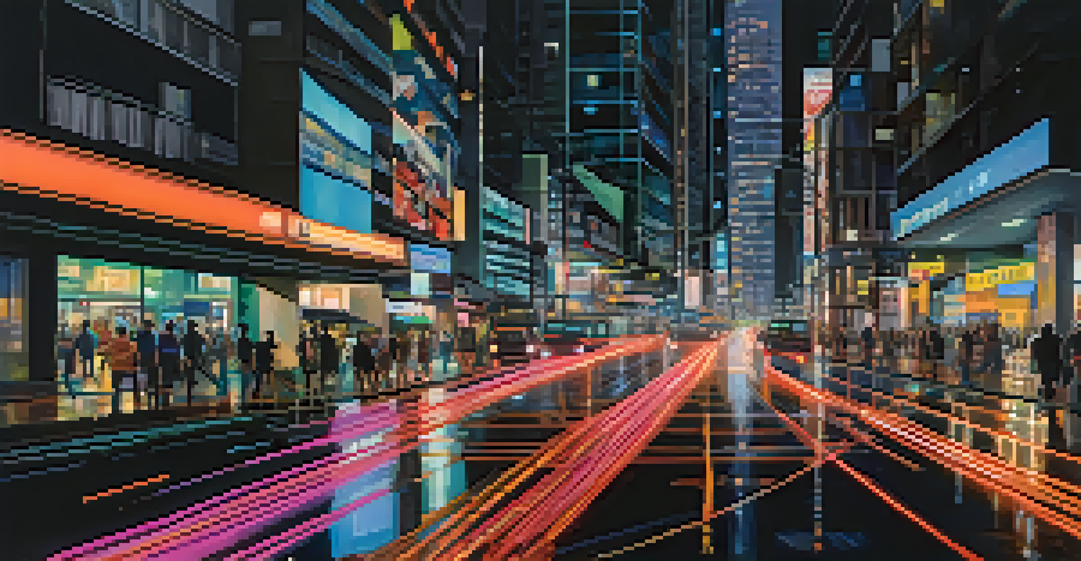 Vibrant urban night scene in São Paulo with neon lights on Avenida Paulista and light trails from cars.