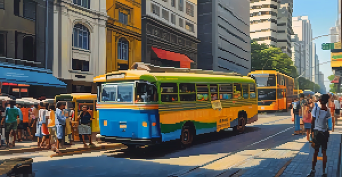 A lively street scene in São Paulo with a bus stop, colorful buses, diverse passengers, and vendors in a warm afternoon light.