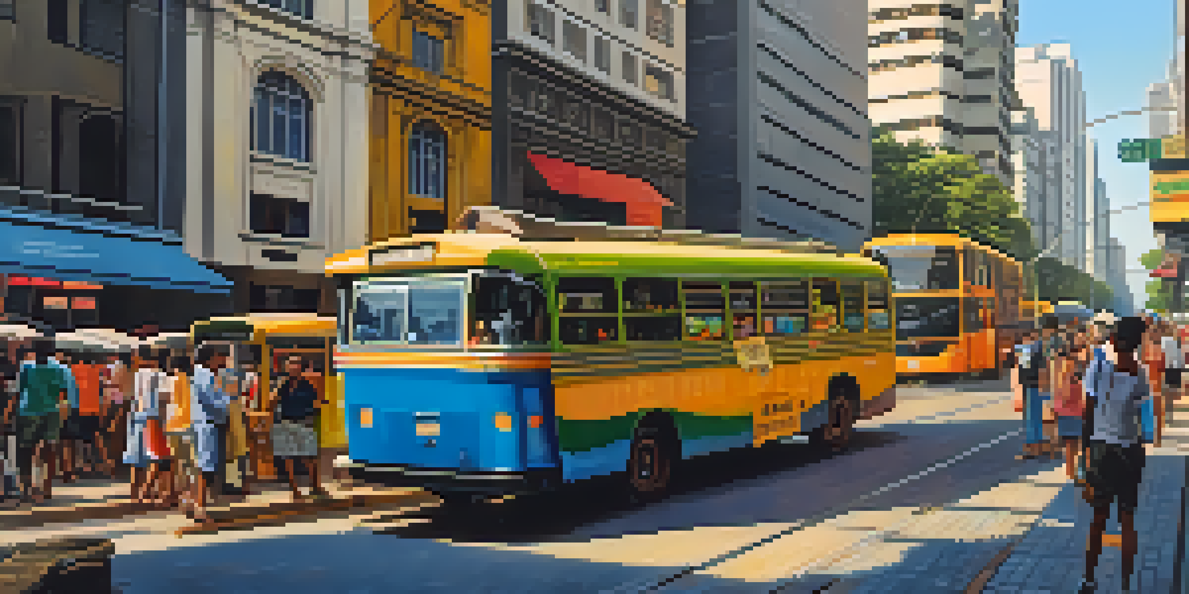 A lively street scene in São Paulo with a bus stop, colorful buses, diverse passengers, and vendors in a warm afternoon light.