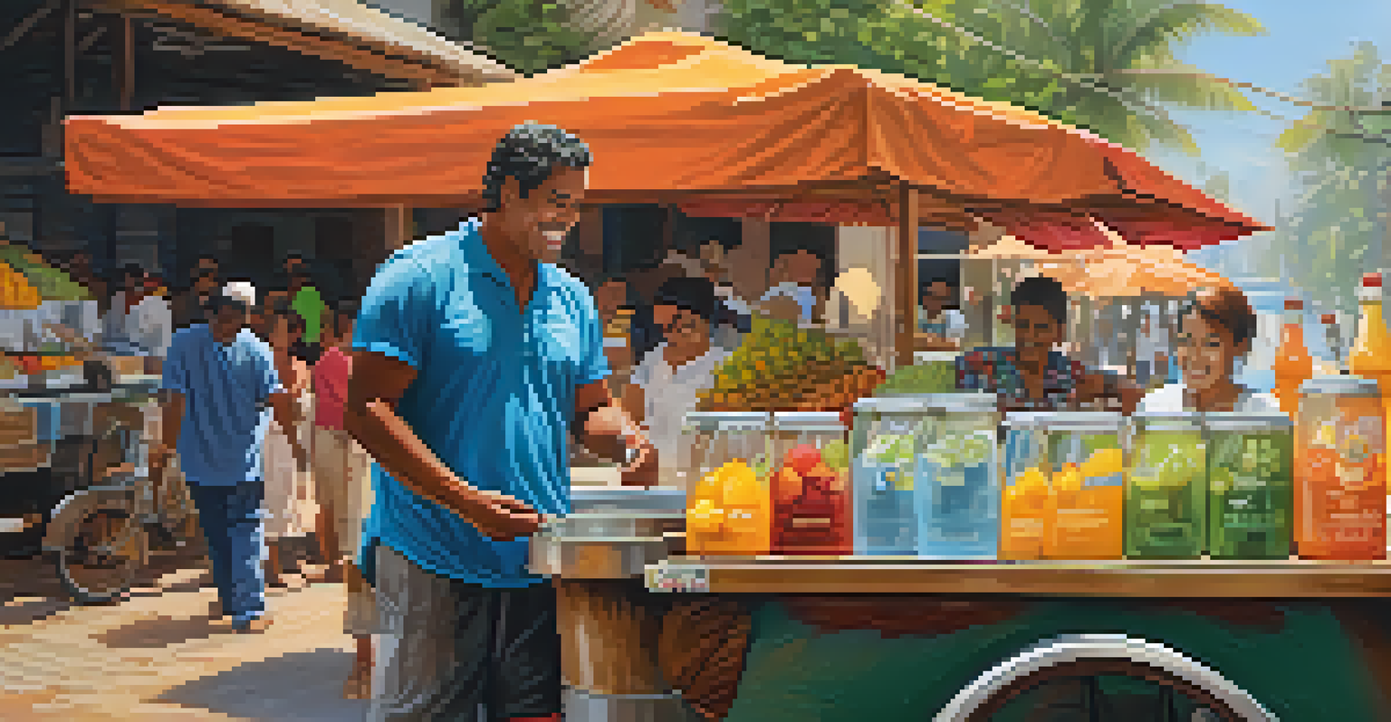 A street vendor serving freshly squeezed juice and coconut water with colorful fruits, emphasizing cleanliness and customer enjoyment in a sunny environment.