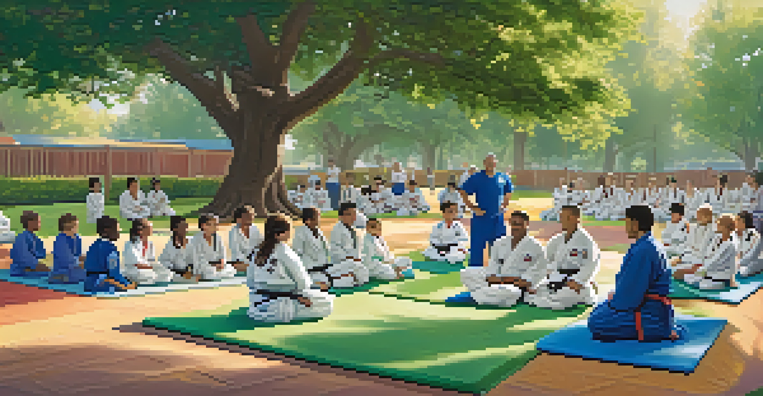 A group of enthusiastic children learning Jiu-Jitsu outdoors in a community park, guided by an instructor amidst greenery and sunlight.