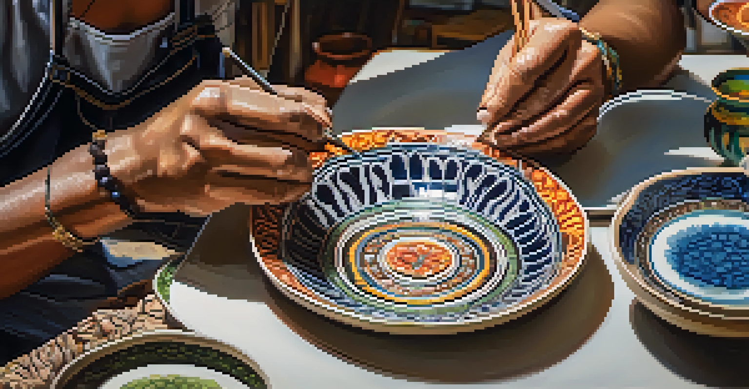 An artisan painting a ceramic plate with vibrant colors, surrounded by finished ceramic pieces.
