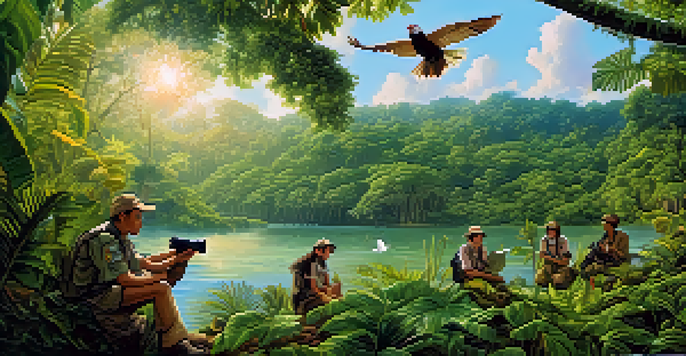 A colorful depiction of volunteers in the Amazon rainforest monitoring wildlife, surrounded by lush greenery and a river.