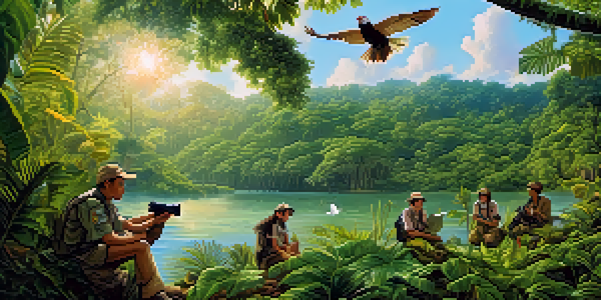 A colorful depiction of volunteers in the Amazon rainforest monitoring wildlife, surrounded by lush greenery and a river.