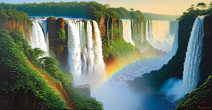 A panoramic view of Iguazu Falls with cascading water, lush greenery, and a rainbow in the mist under a clear blue sky.