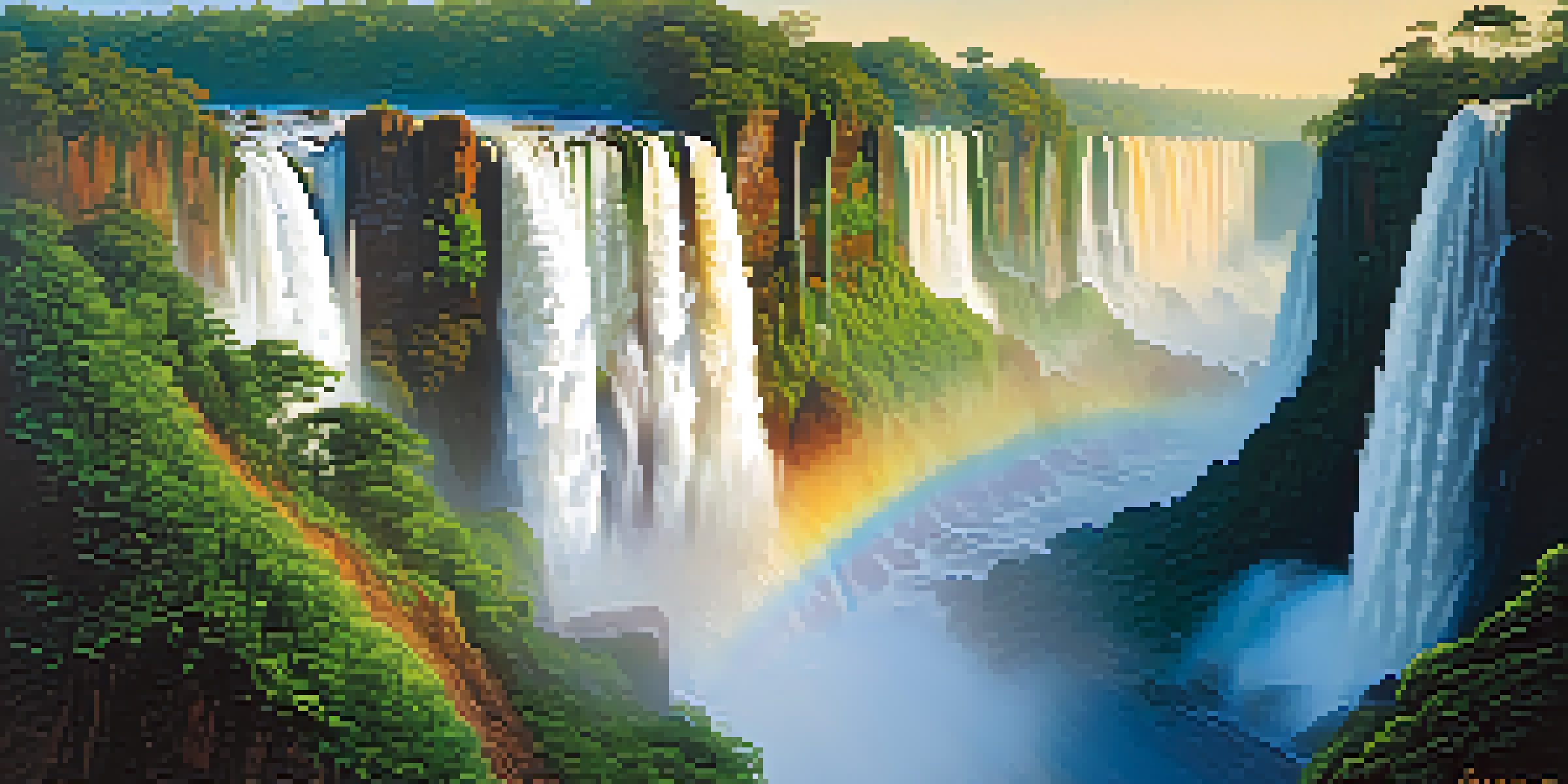 A panoramic view of Iguazu Falls with cascading water, lush greenery, and a rainbow in the mist under a clear blue sky.