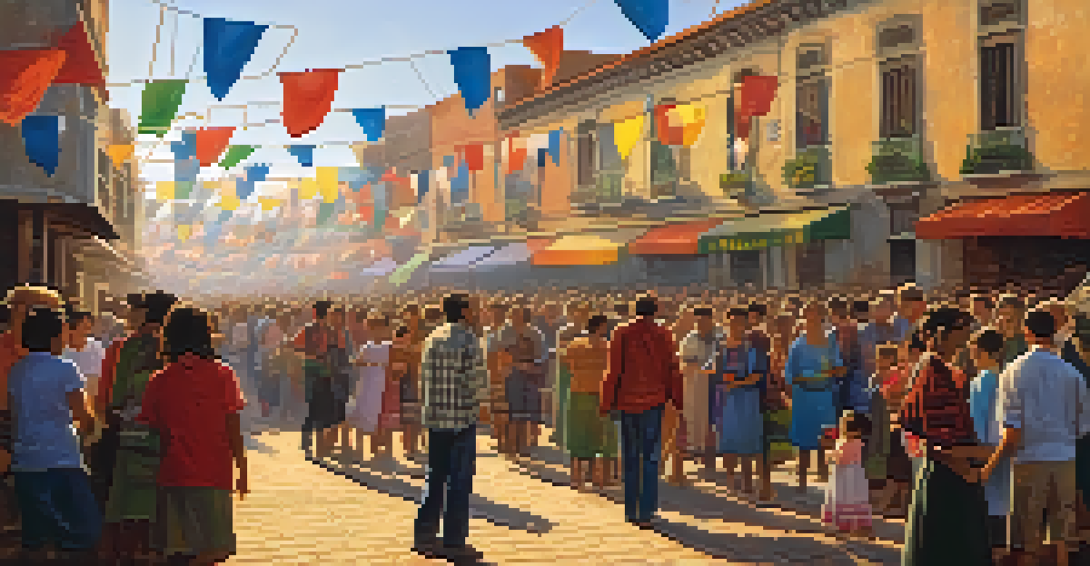 A tall mastro decorated with flags in the center of a Festa Junina celebration, surrounded by people enjoying the festivities.
