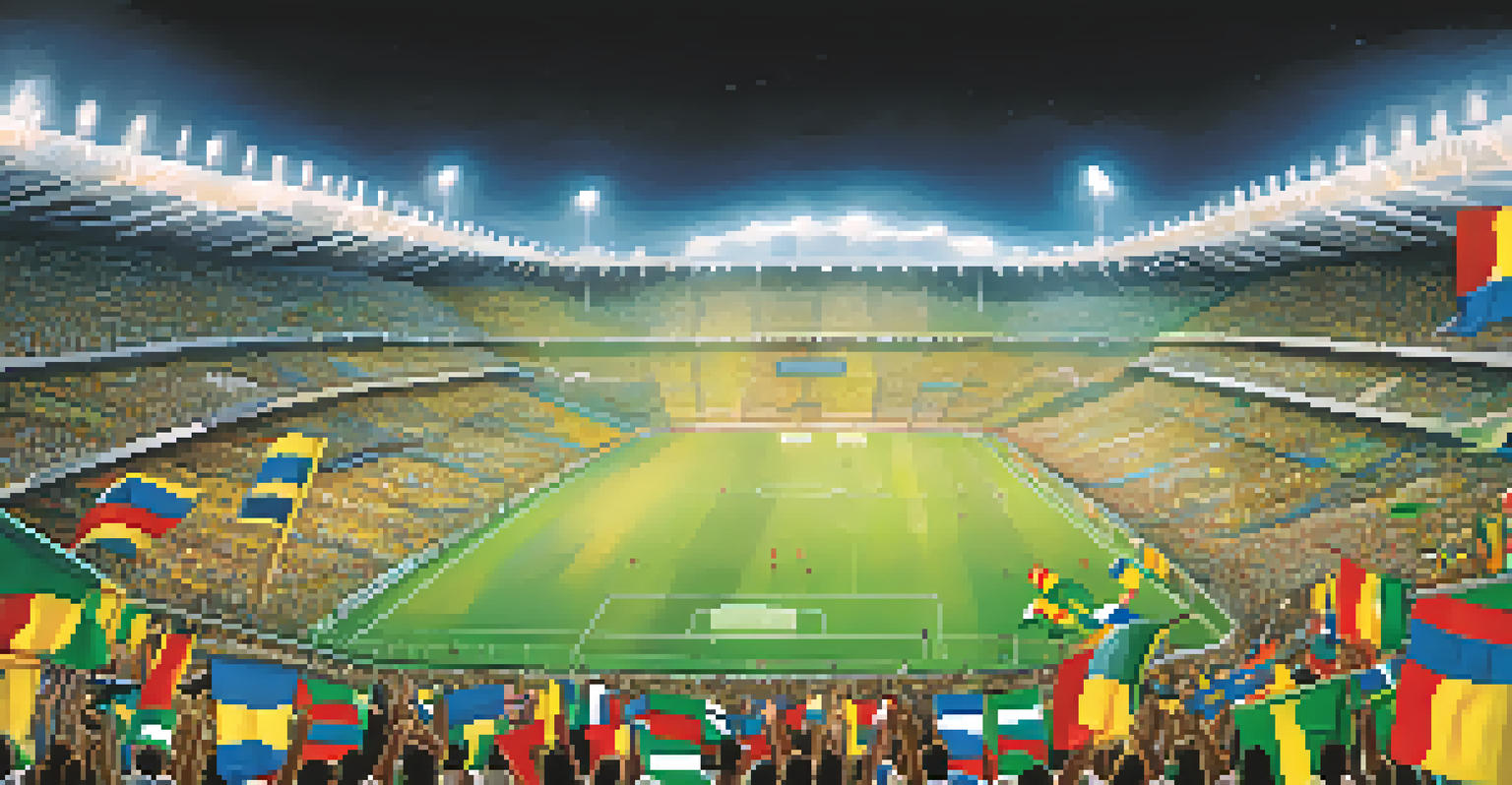 A football match at Pacaembu Stadium in São Paulo, with enthusiastic fans in the stands and colorful team jerseys.