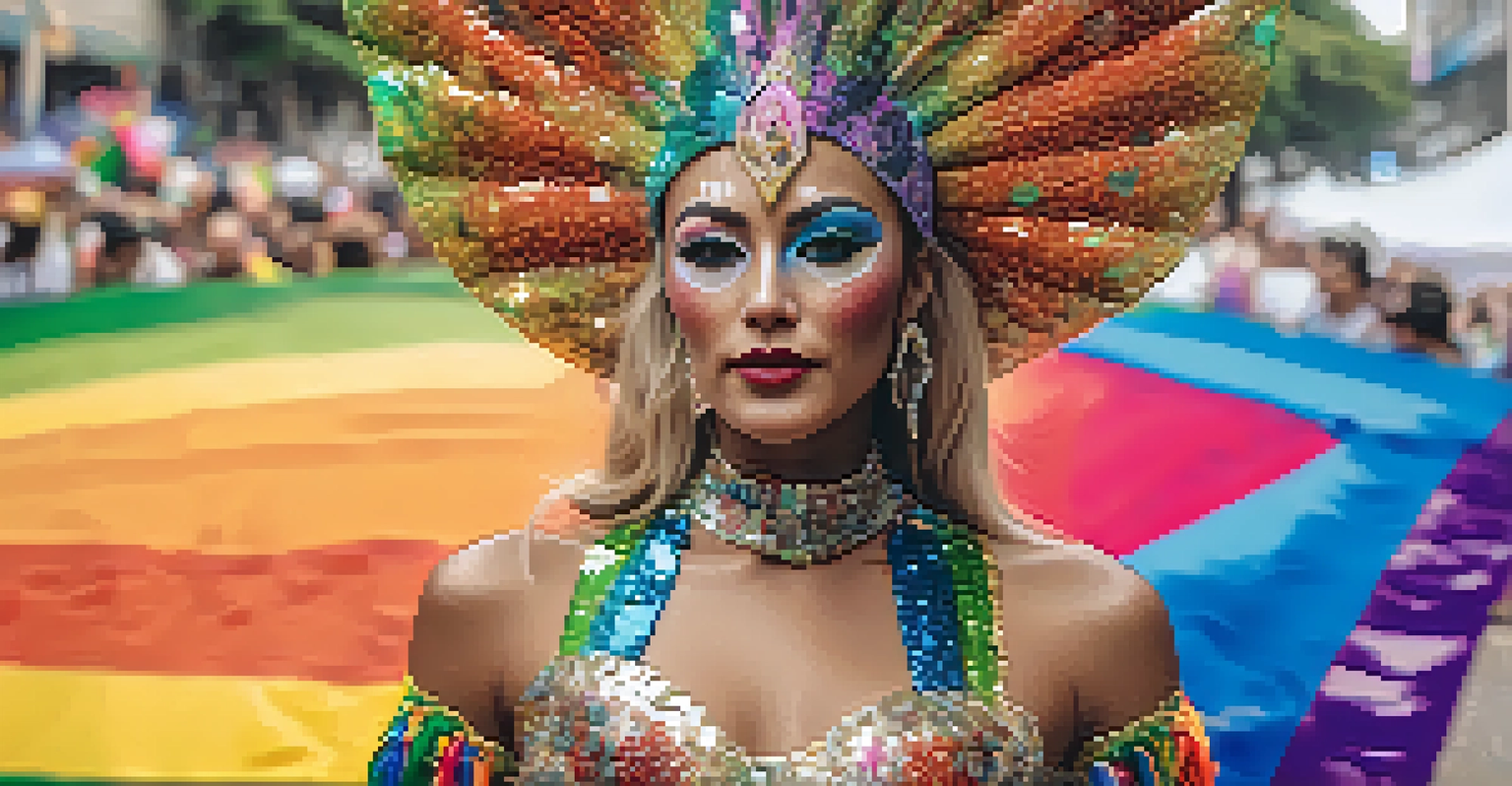 A close-up of a person in a dazzling costume and makeup at São Paulo Pride, holding a rainbow flag with a festive background.