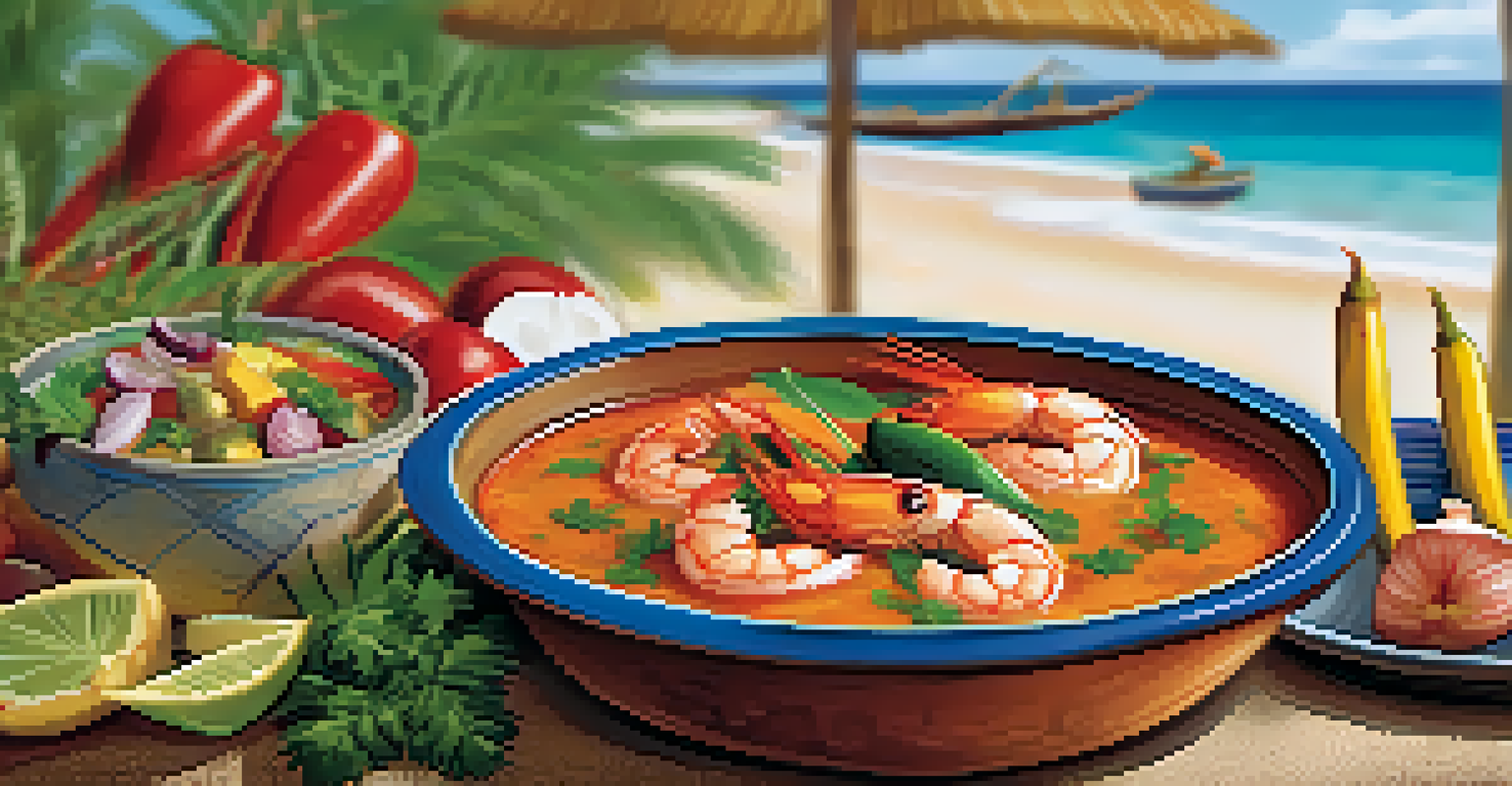 A delicious bowl of Brazilian moqueca seafood stew in a clay pot, surrounded by a beach scene with palm trees.