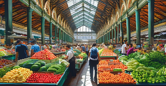 A busy market filled with colorful fruits and vegetables, with people browsing and vendors interacting in a beautifully designed space.