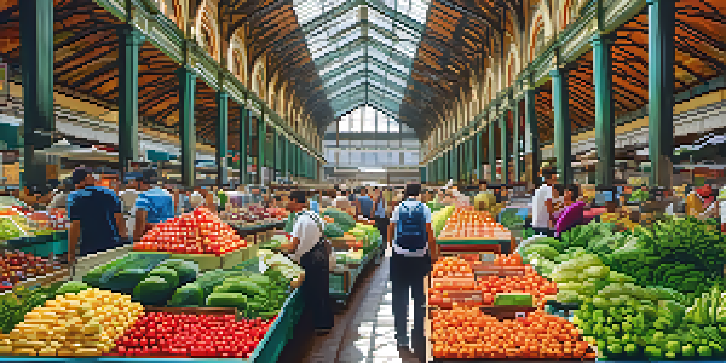 A busy market filled with colorful fruits and vegetables, with people browsing and vendors interacting in a beautifully designed space.