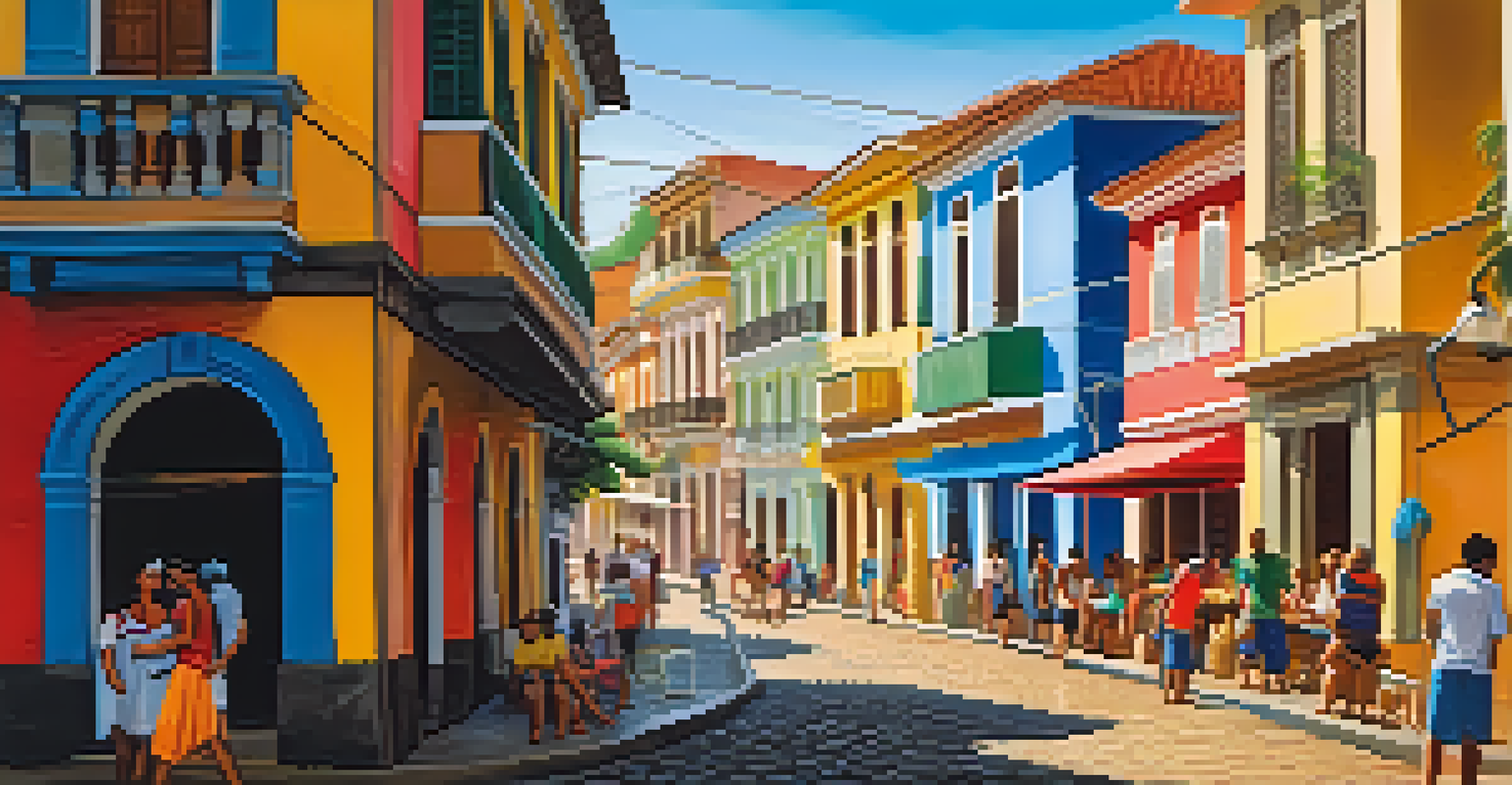 A vibrant street scene in Salvador, Brazil, showcasing colorful colonial buildings and a lively market with local vendors.