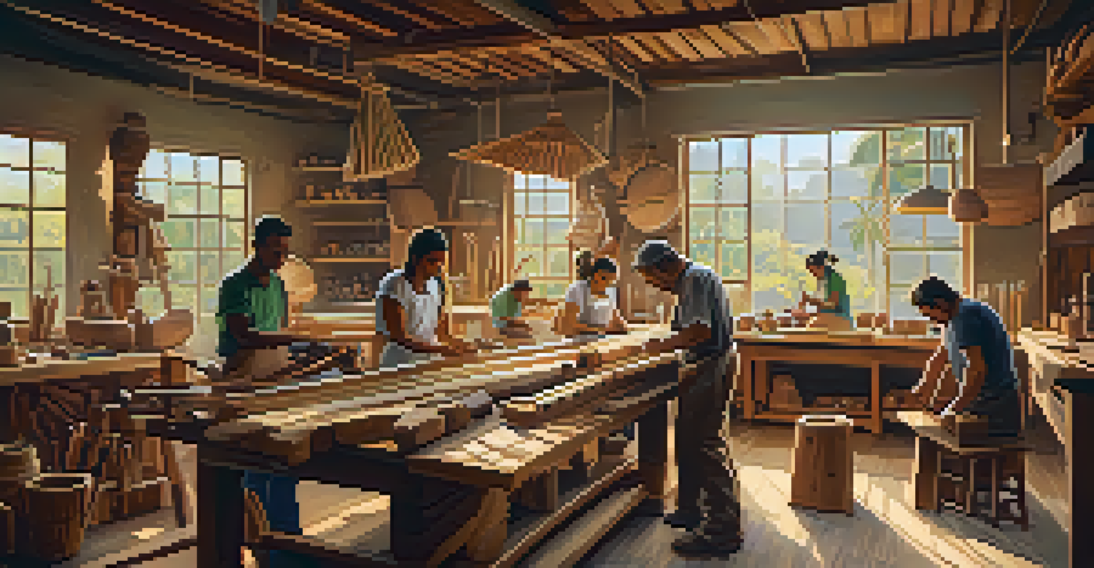 A lively Brazilian woodcraft workshop with artisans working on various projects, illuminated by sunlight.