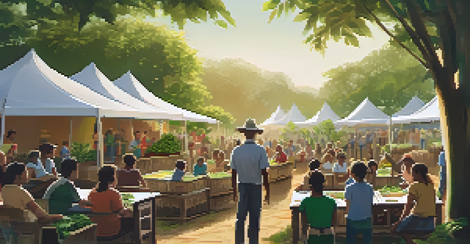 A workshop at an agricultural fair, with a farmer teaching sustainable practices to an audience amidst greenery.