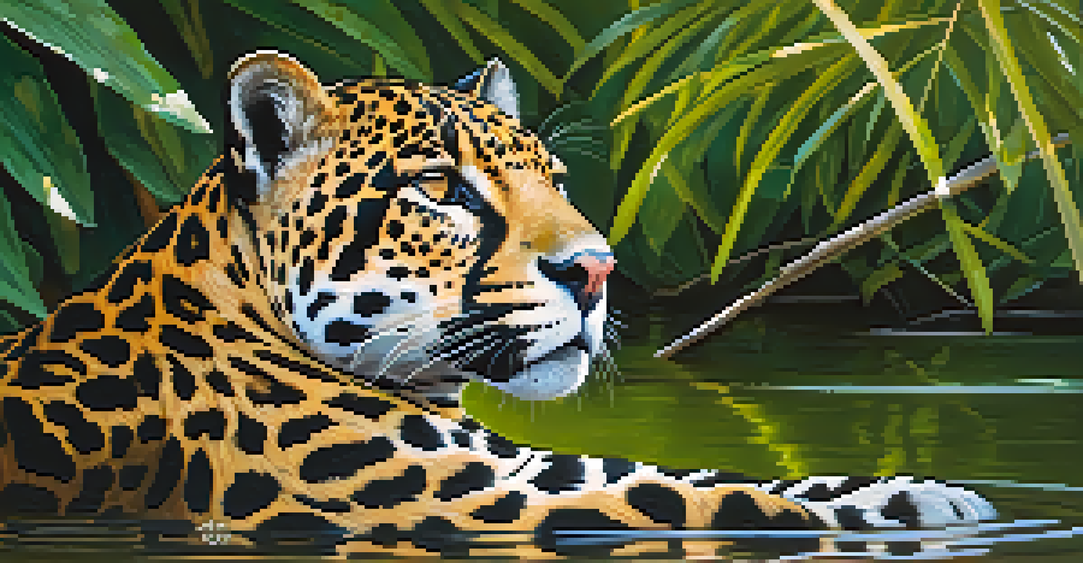 A close-up of a jaguar lying by the river, surrounded by green plants and softly lit by sunlight.