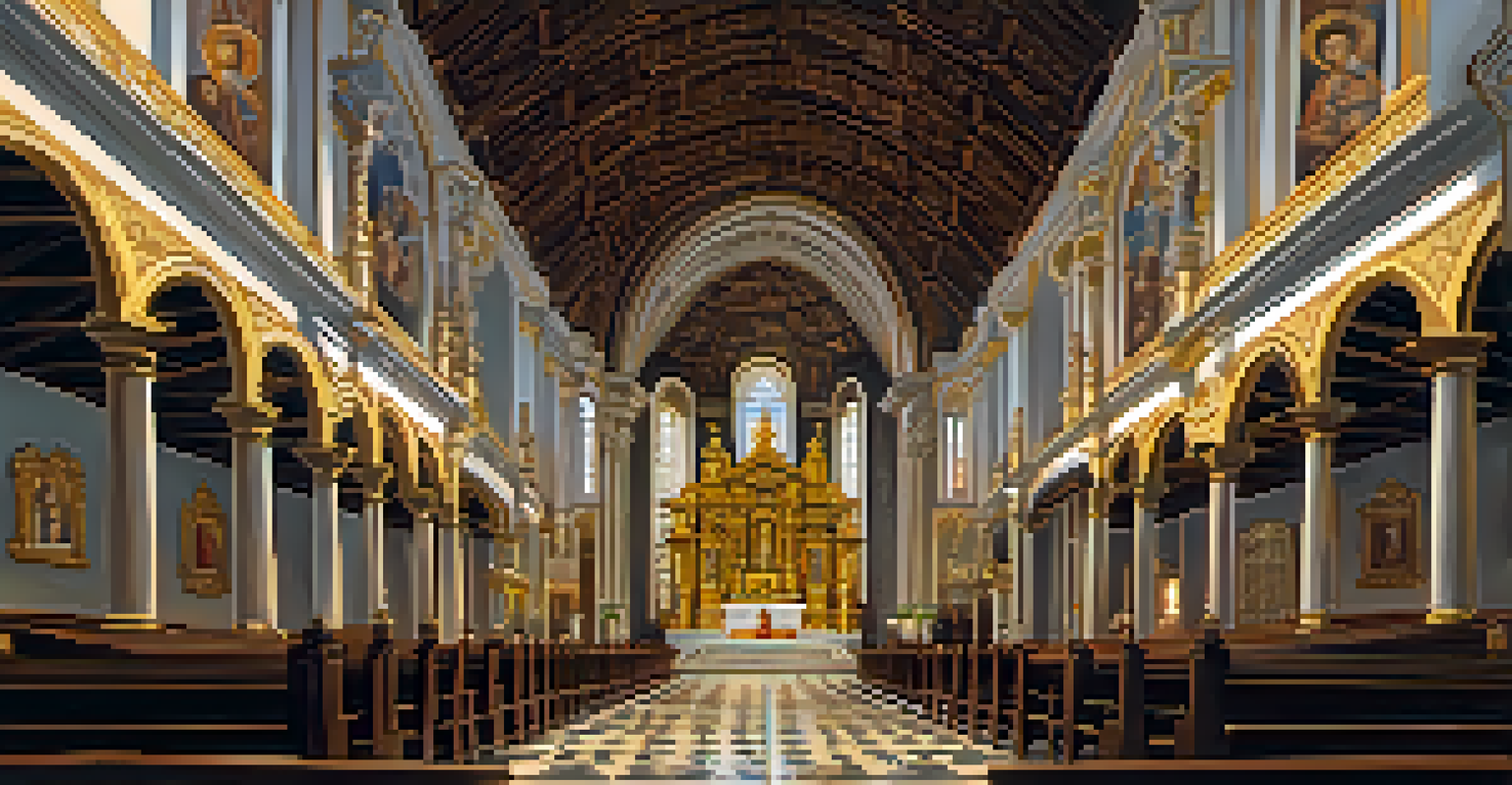 The inside of a Baroque church featuring ornate woodwork and golden altars, illuminated by warm light.