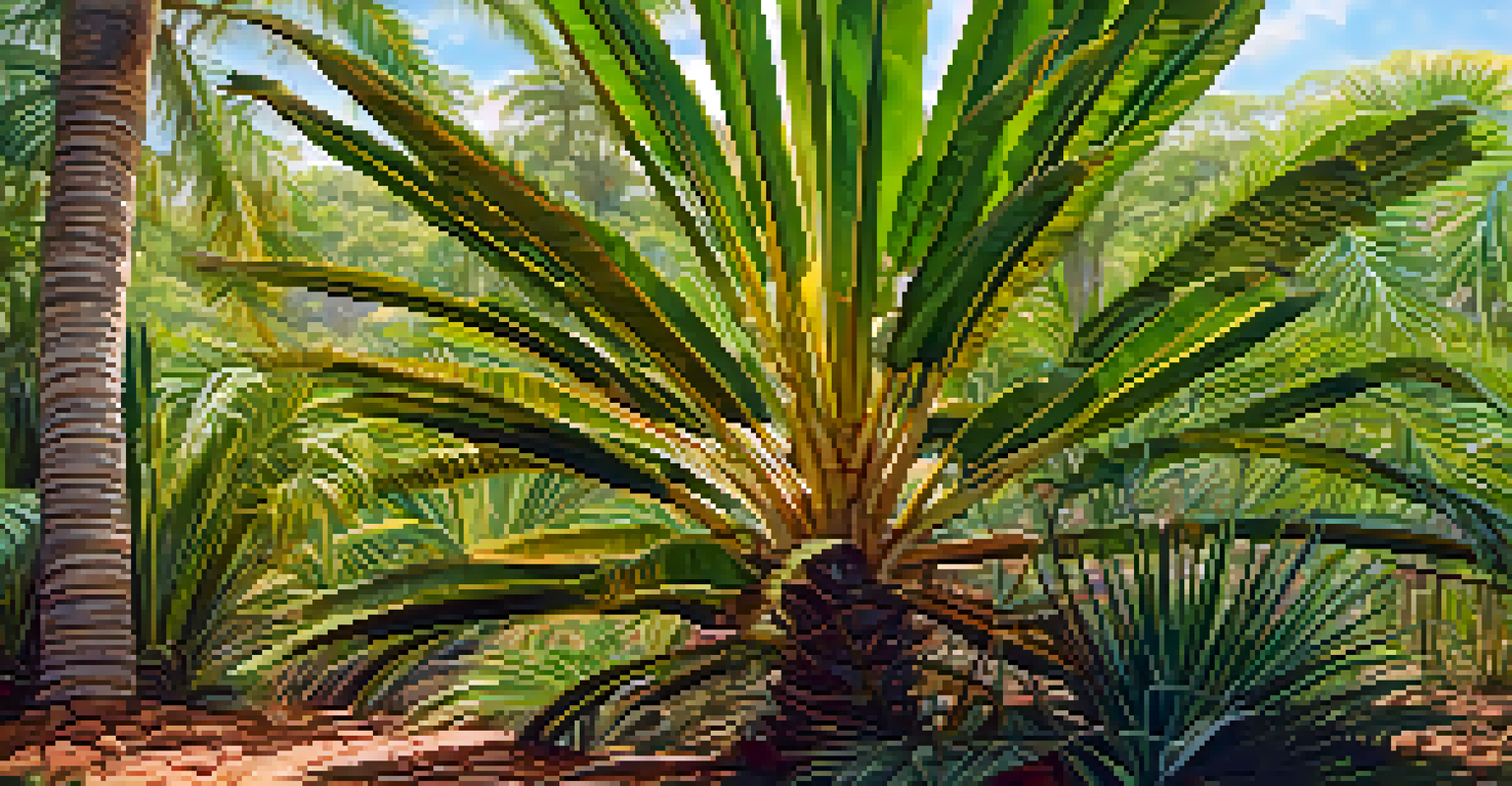A detailed close-up of a Brazilian wax palm surrounded by diverse plants and flowers in the Cerrado.