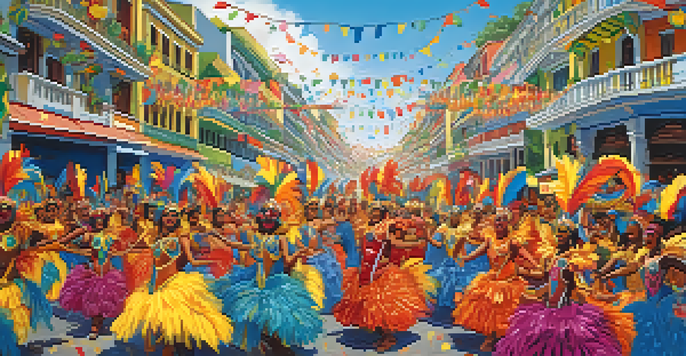 A lively carnival scene in Rio de Janeiro with samba dancers in colorful costumes and decorated floats.