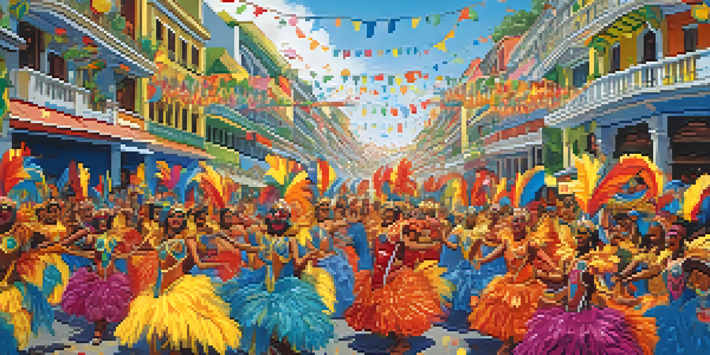 A lively carnival scene in Rio de Janeiro with samba dancers in colorful costumes and decorated floats.