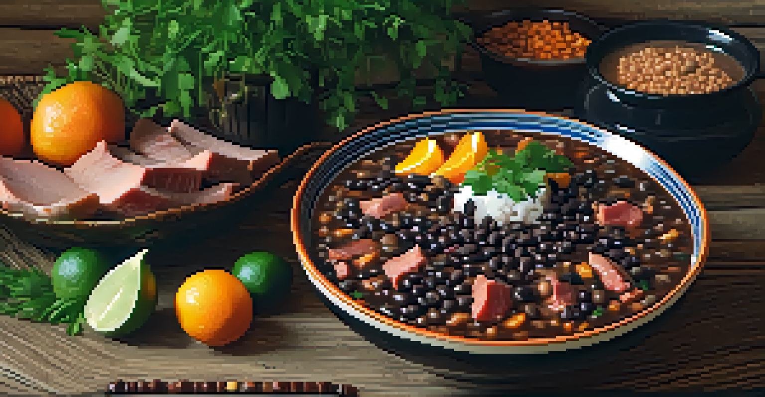 A close-up of feijoada, featuring black beans and meats, garnished with orange slices, on a rustic wooden table with traditional pottery in the background.