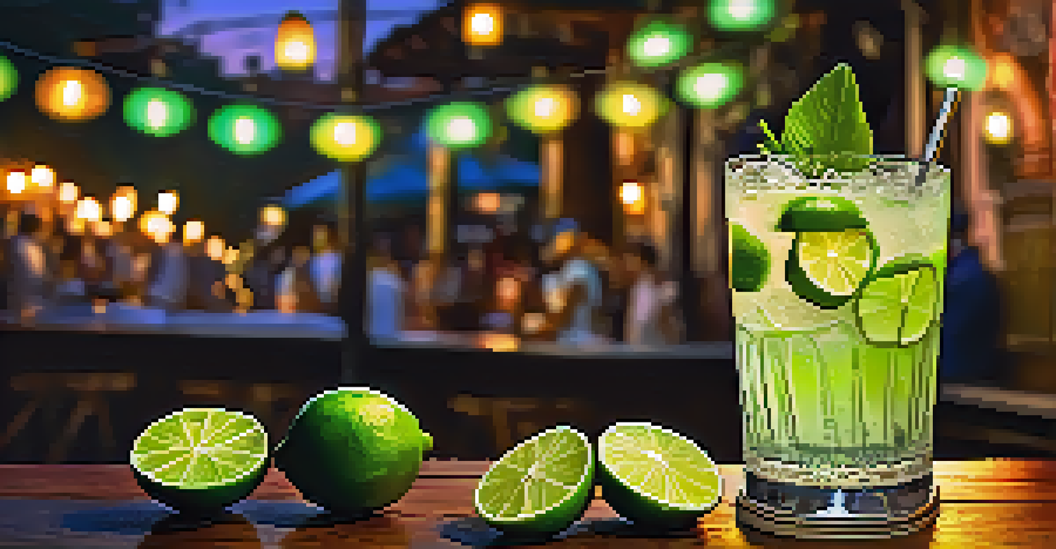 A close-up of a caipirinha cocktail with fresh limes, set against a lively boteco background.