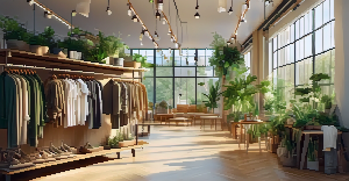 An inviting boutique filled with eco-friendly clothing and accessories, illuminated by sunlight.