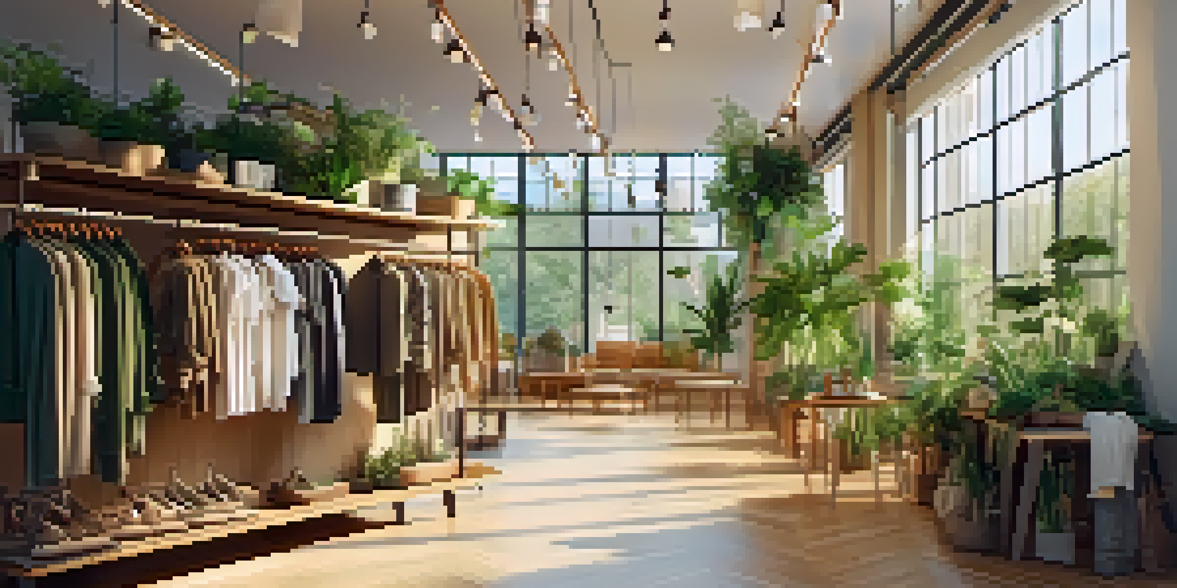 An inviting boutique filled with eco-friendly clothing and accessories, illuminated by sunlight.
