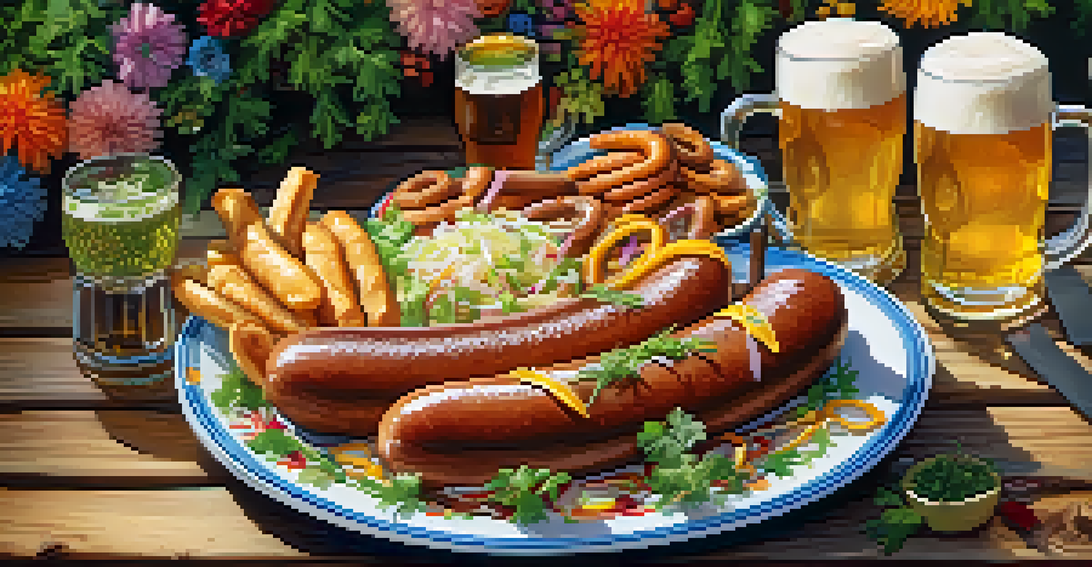 A close-up of a plate of traditional German food at Oktoberfest Brazil, including bratwurst and pretzels, set on a wooden table.