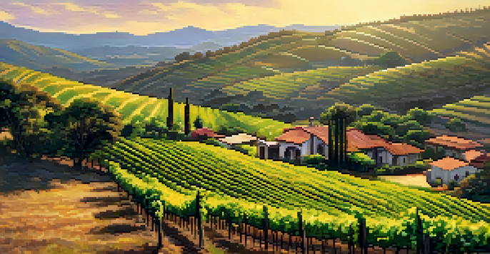 A beautiful landscape of vineyards in Serra Gaúcha, Brazil, illuminated by golden sunlight with rolling hills and rustic wineries in the background.