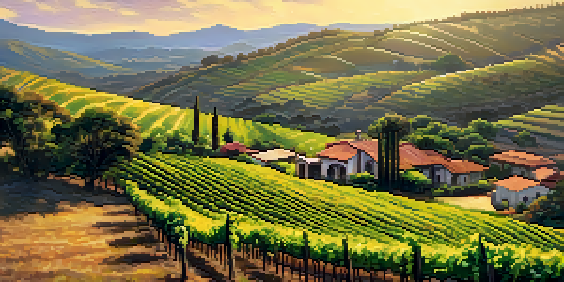 A beautiful landscape of vineyards in Serra Gaúcha, Brazil, illuminated by golden sunlight with rolling hills and rustic wineries in the background.