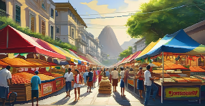 A lively Brazilian street food market with colorful stalls and vendors serving traditional foods.