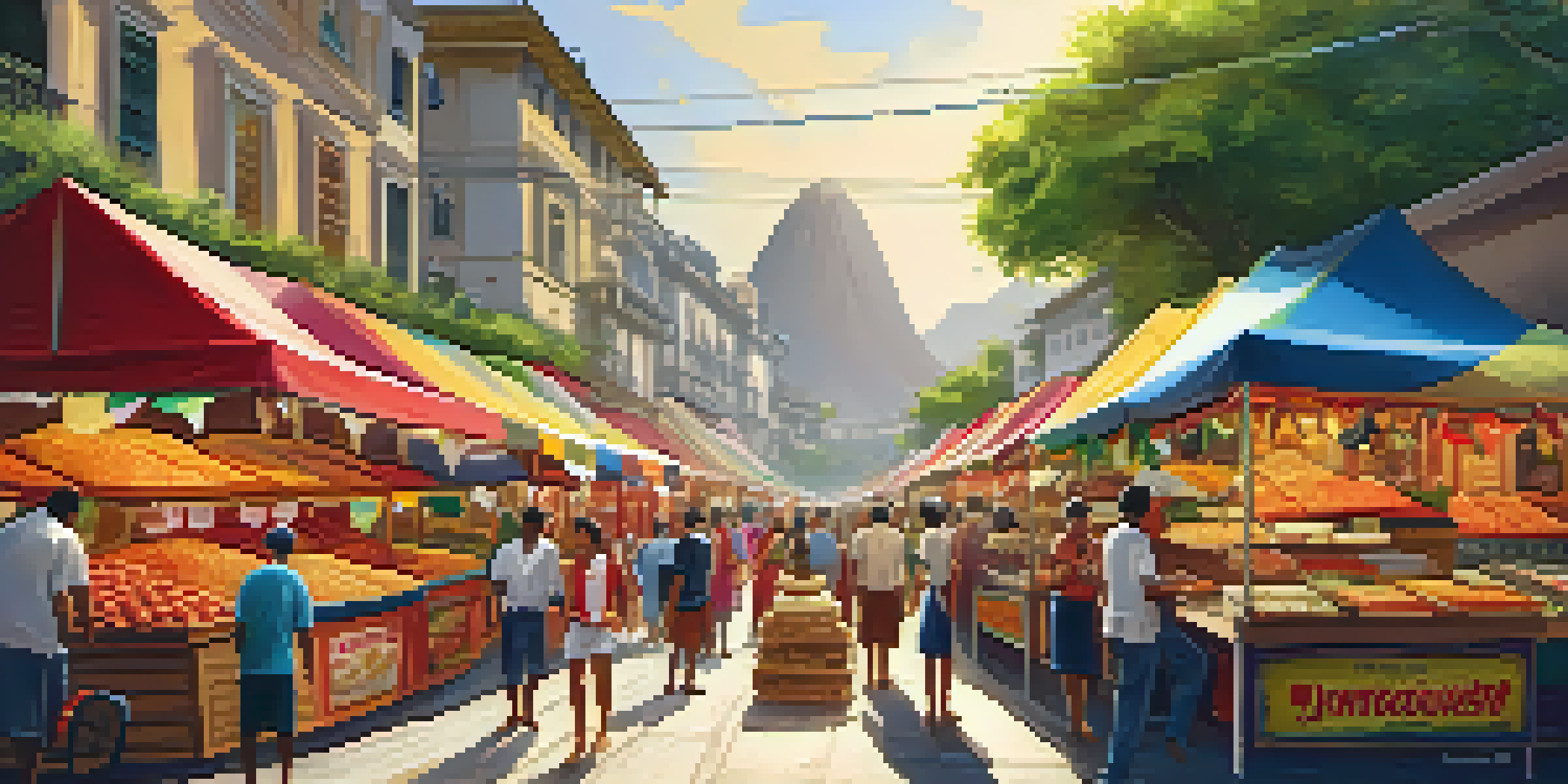 A lively Brazilian street food market with colorful stalls and vendors serving traditional foods.