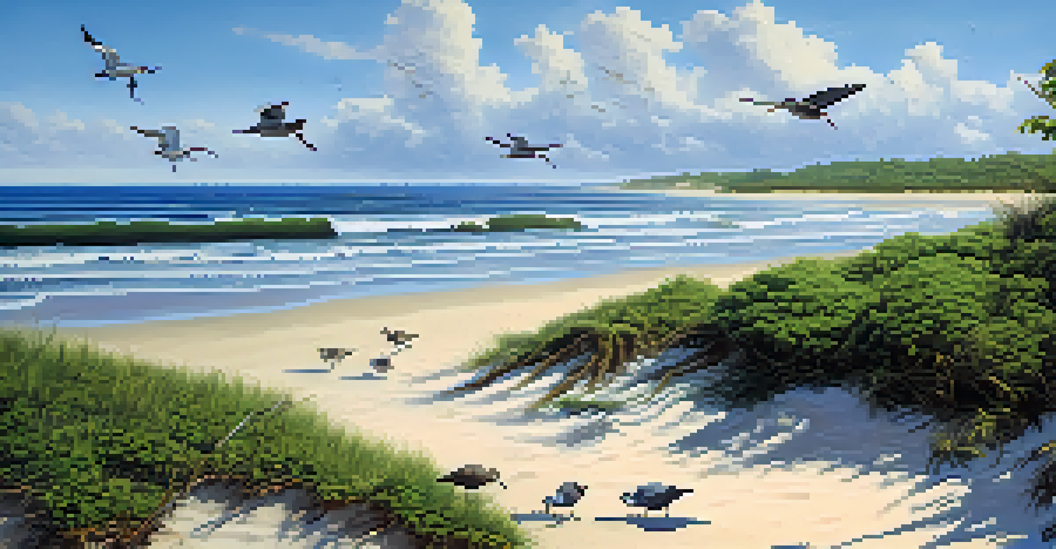 A coastal view where the Atlantic Forest meets the sea, featuring shorebirds along the beach and clear blue skies.