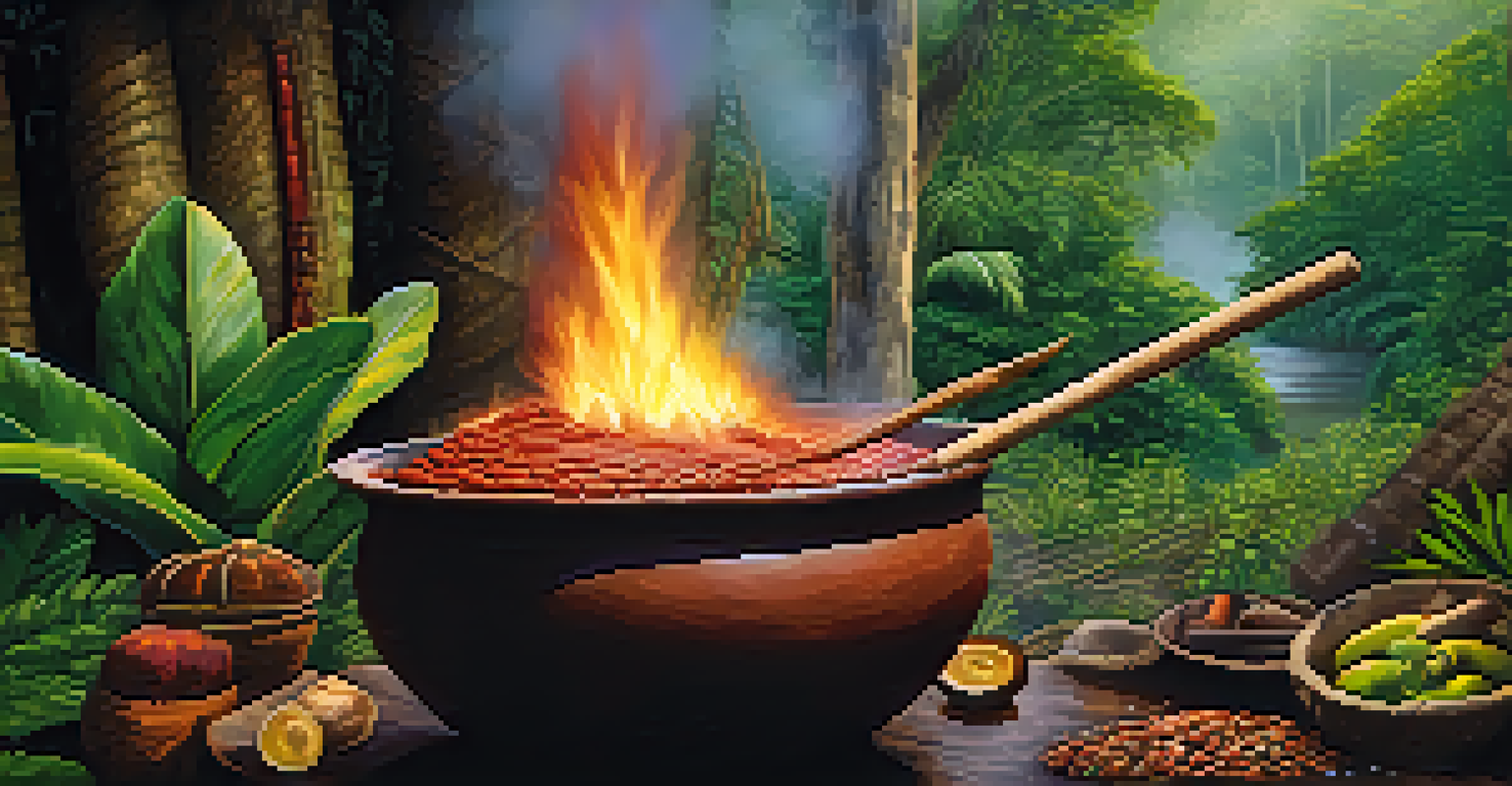 An indigenous chef cooking maniçoba stew in a clay pot over an open fire in the rainforest.