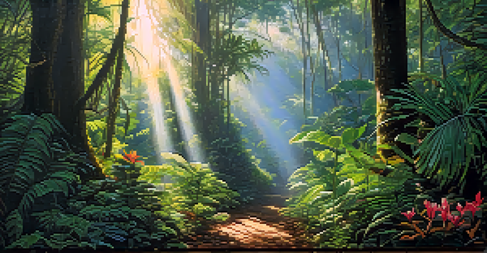 A vibrant Amazon rainforest scene with tall trees, colorful flowers, and exotic wildlife, illuminated by sunlight filtering through the leaves.