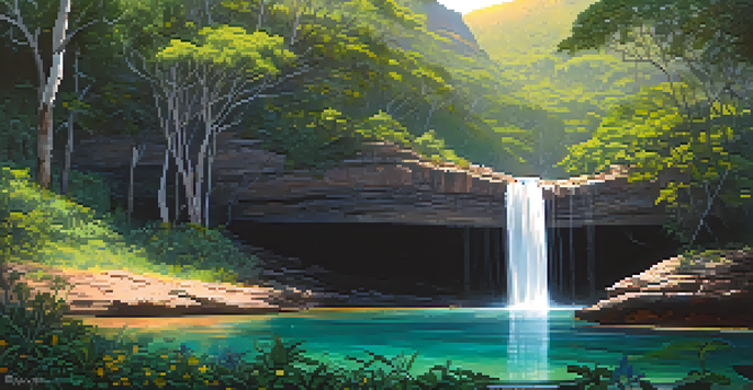A picturesque waterfall in Chapada dos Veadeiros National Park, with clear water and lush vegetation illuminated by sunlight.