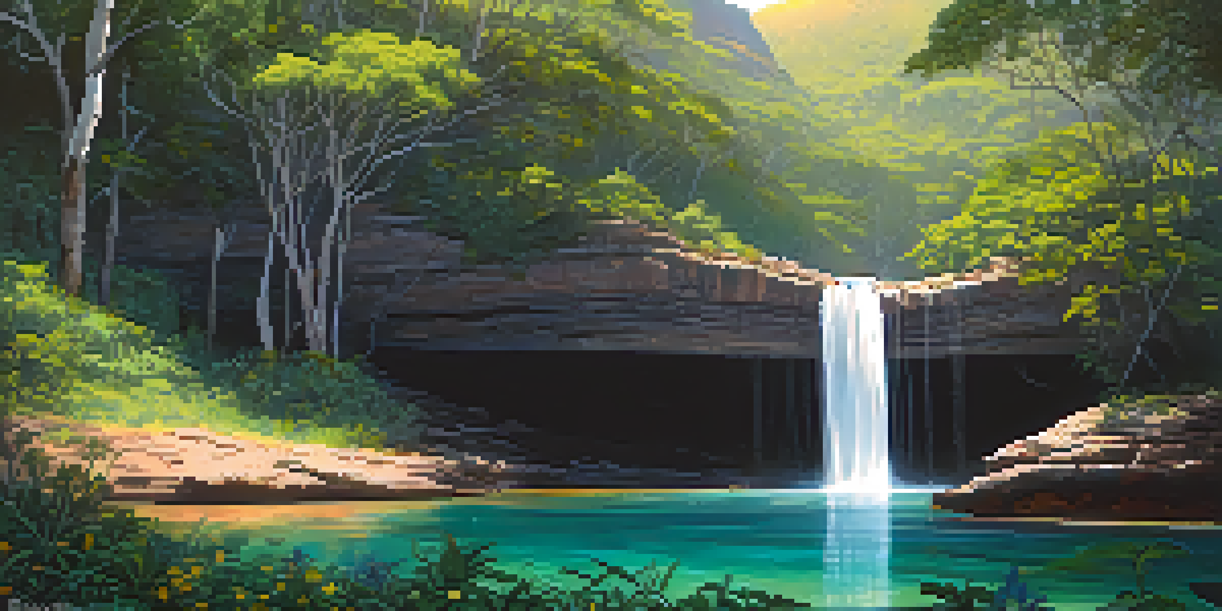 A picturesque waterfall in Chapada dos Veadeiros National Park, with clear water and lush vegetation illuminated by sunlight.