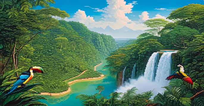 A lush Amazon rainforest scene with waterfalls, bright green trees, and wildlife such as toucans and monkeys under a clear blue sky.