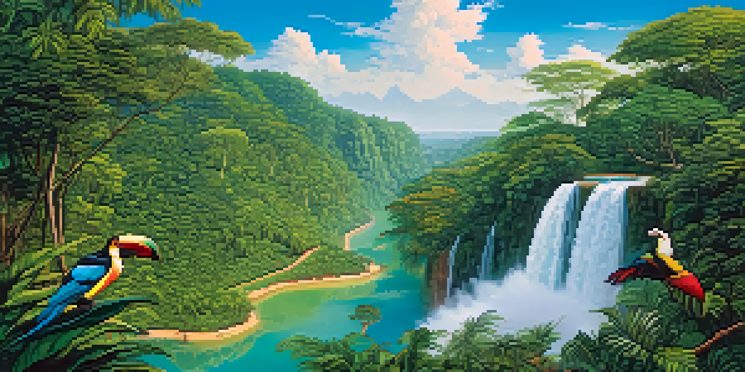 A lush Amazon rainforest scene with waterfalls, bright green trees, and wildlife such as toucans and monkeys under a clear blue sky.