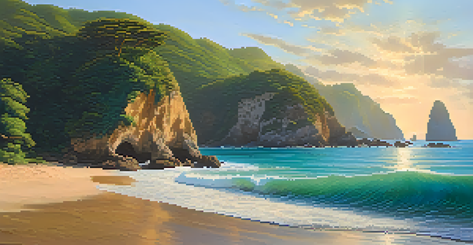 A picturesque beach scene at Praia do Sancho, featuring turquoise waters, golden sands, and cliffs, illuminated by warm golden hour light, with dolphins in the waves.