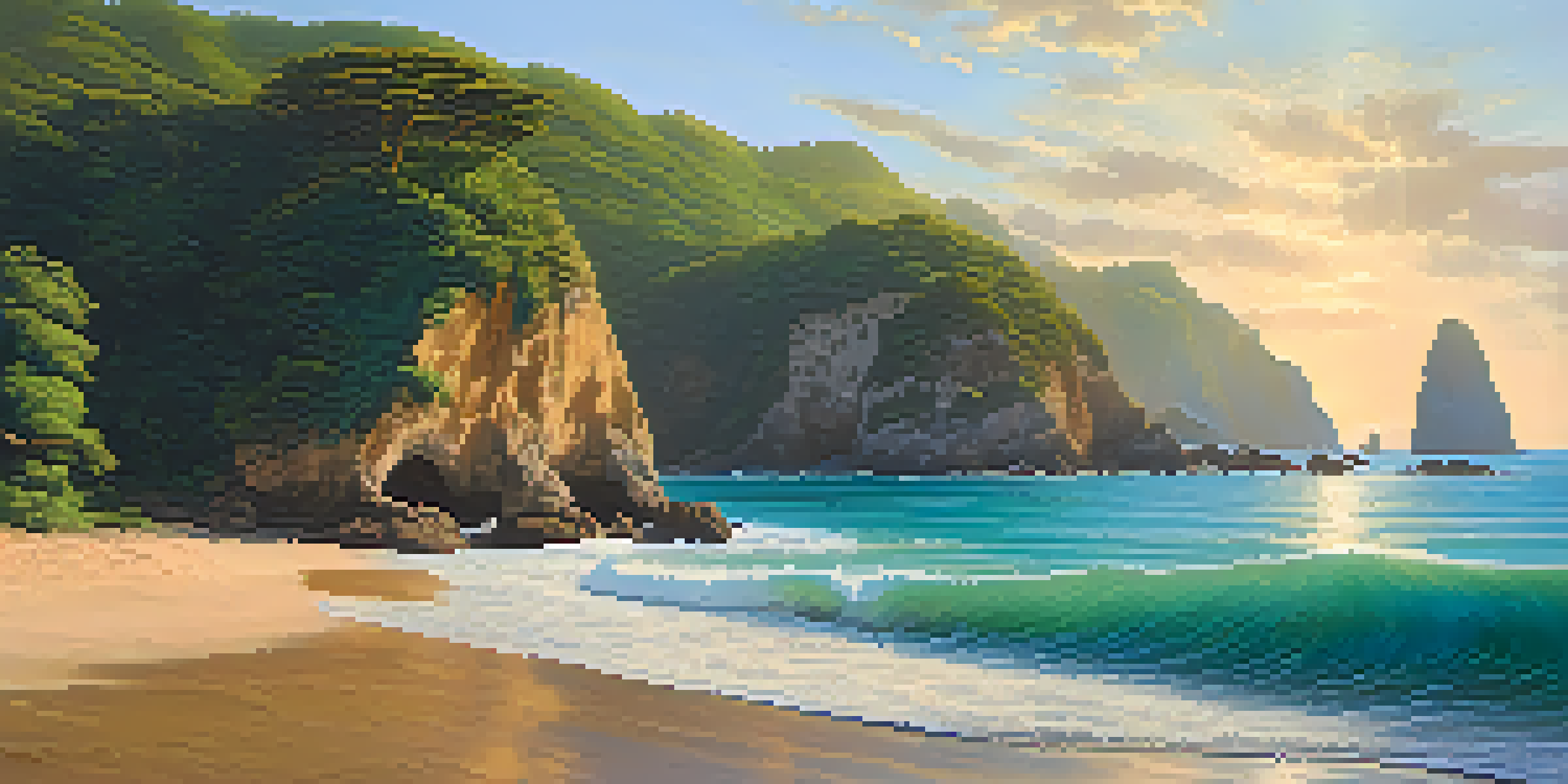 A picturesque beach scene at Praia do Sancho, featuring turquoise waters, golden sands, and cliffs, illuminated by warm golden hour light, with dolphins in the waves.