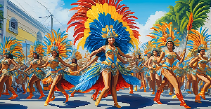 A lively Carnival parade with colorful floats and dancers in bright costumes celebrating in Rio de Janeiro.