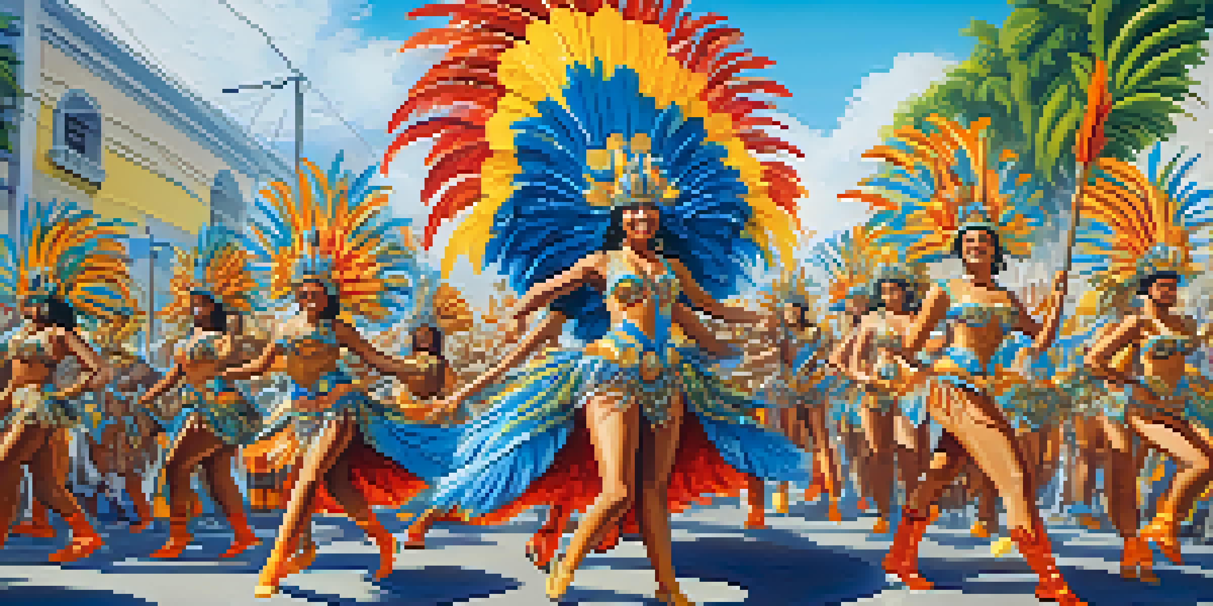 A lively Carnival parade with colorful floats and dancers in bright costumes celebrating in Rio de Janeiro.