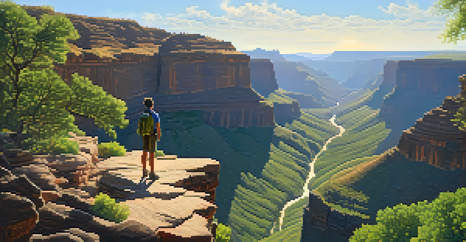 A hiker on the edge of a canyon looking out over the valley, surrounded by rich green foliage and dramatic rock layers.