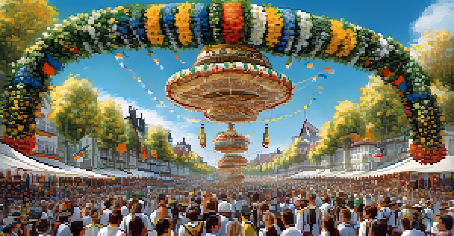 A colorful parade at Oktoberfest with floats and participants in traditional attire celebrating the festival.