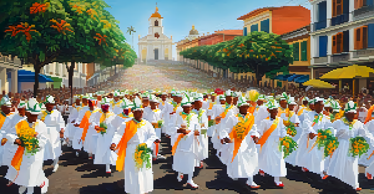 A vibrant procession of the Lavagem do Bonfim with participants in white washing church steps.