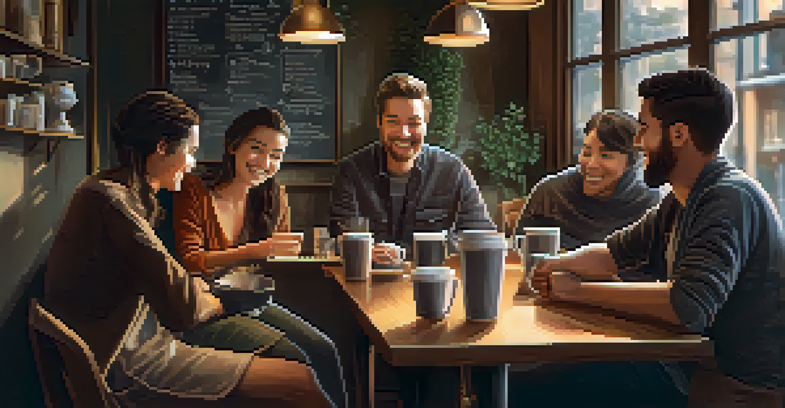A cozy cafe with digital nomads engaging in conversation, surrounded by coffee cups and warm lighting.