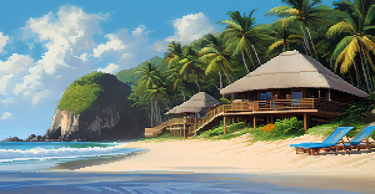 A coastal eco-lodge on a beautiful beach in Brazil, with wooden architecture and colorful umbrellas.