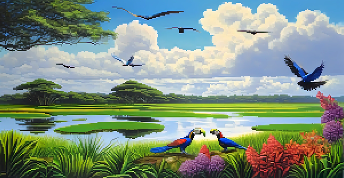A wide view of Brazil's Pantanal showing green wetlands, blue lakes, and colorful birds flying in a cloudy sky.